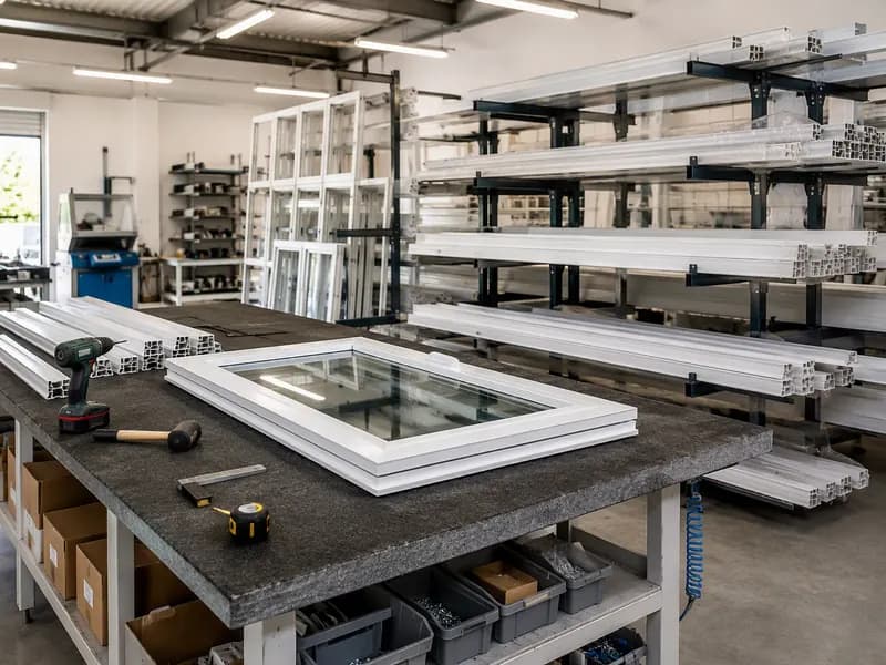 Mesa de armado con un marco de ventana de PVC blanco recién ensamblado, herramienta de mano y racks de perfiles al fondo