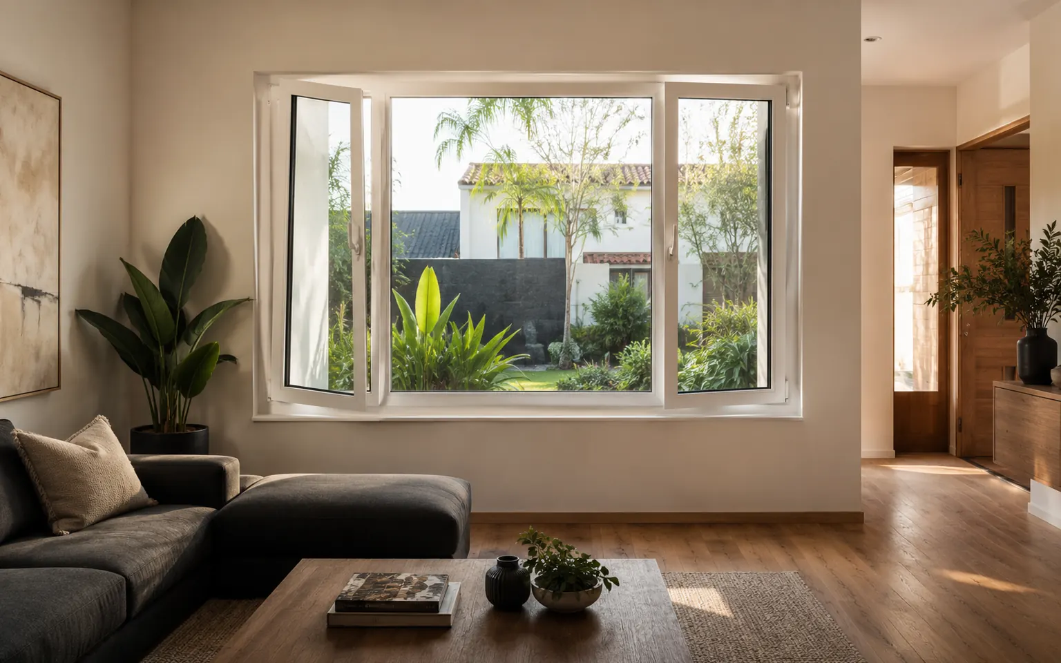 Sala luminosa con ventana oscilobatiente de PVC blanco REHAU abierta hacia un jardín, con luz cálida de mañana