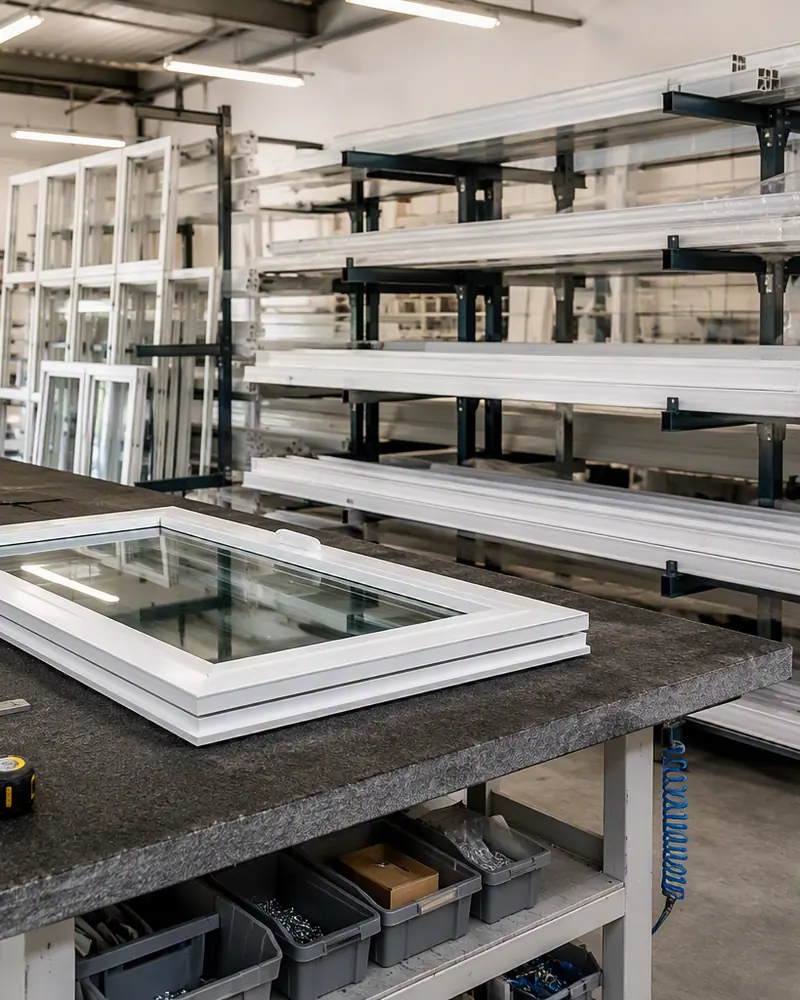 Racks de perfiles de PVC blanco y un marco de ventana terminado sobre la mesa de trabajo del taller