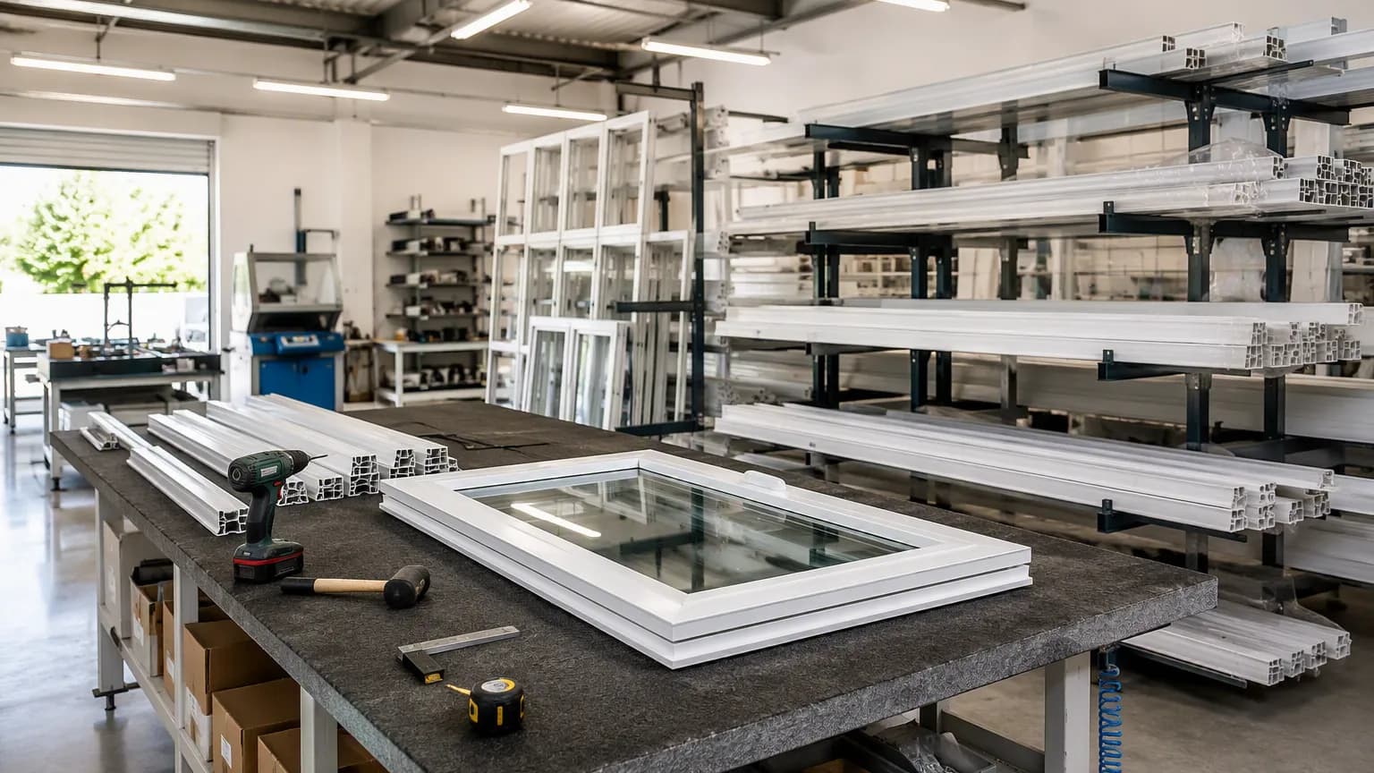 Taller de fabricación de cancelería de PVC: perfiles blancos en racks y un marco de ventana recién ensamblado