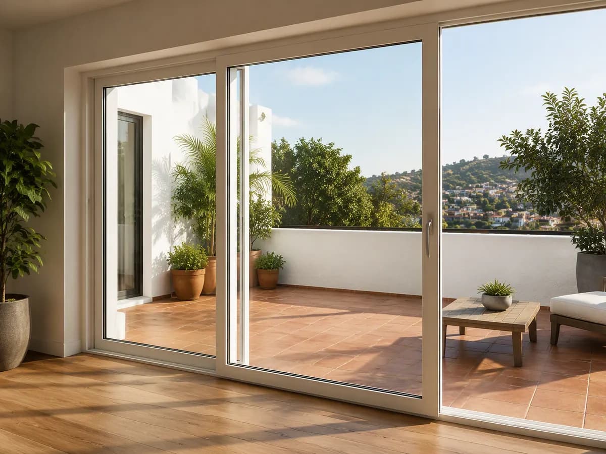 Puerta corrediza de PVC blanco de piso a techo abierta hacia una terraza mexicana al atardecer