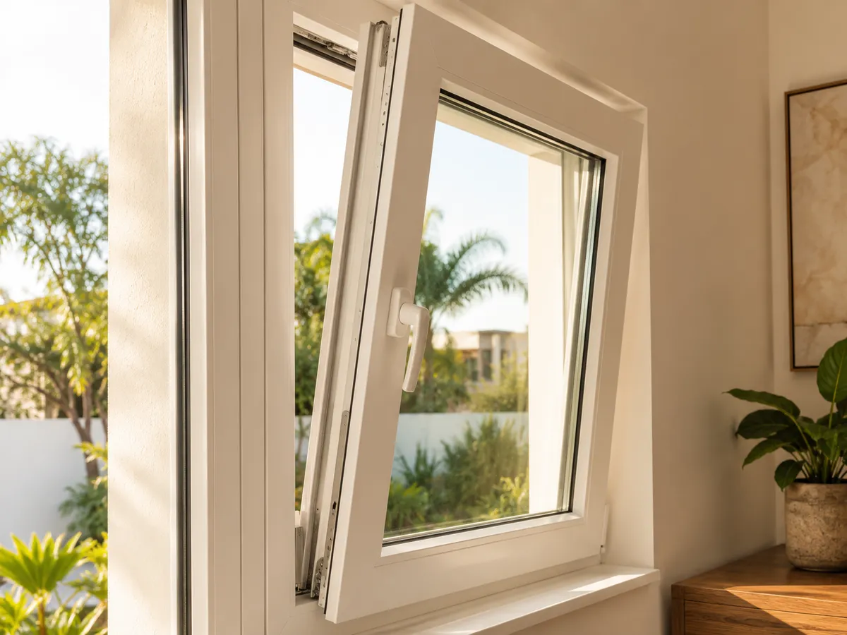 Ventana oscilobatiente de PVC blanco entreabierta en posición oscilante, con luz cálida de mañana
